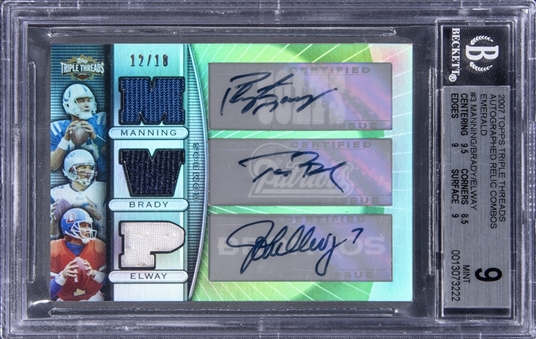 2007 Topps "Triple Threads" Autographed Relic Combos Emerald #3 Manning/Brady/Elway Multi-Signed Jersey Card (#12/18 - Bradys Jersey Number!) – BGS MINT 9/BGS 10